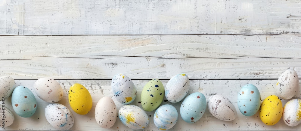 Poster modern easter eggs displayed on a white wooden backdrop with room for a copy space image featuring a