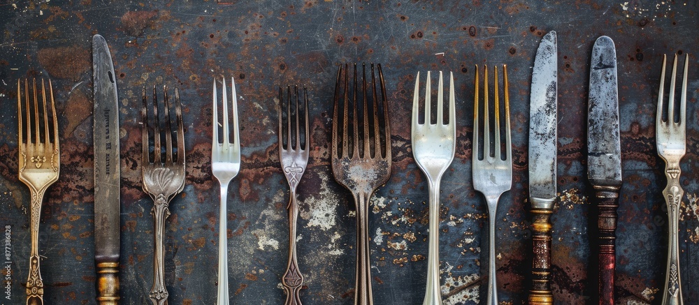 Aufkleber various vintage forks displayed on a textured surface with a copy space image