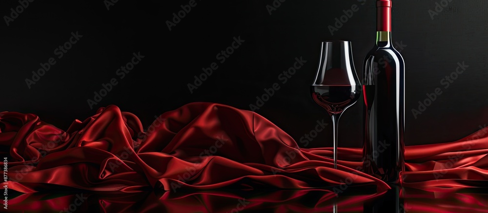 Poster red wine bottle and glass displayed on a black reflective surface with a backdrop of fluttering red 