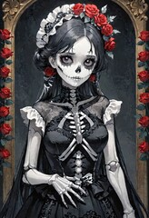 Obraz premium Gothic character with floral crown and skeleton dress