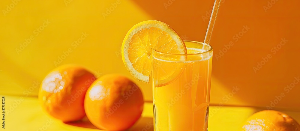 Poster a refreshing summer beverage featuring orange lemonade in a clear glass with a straw and a vibrant o