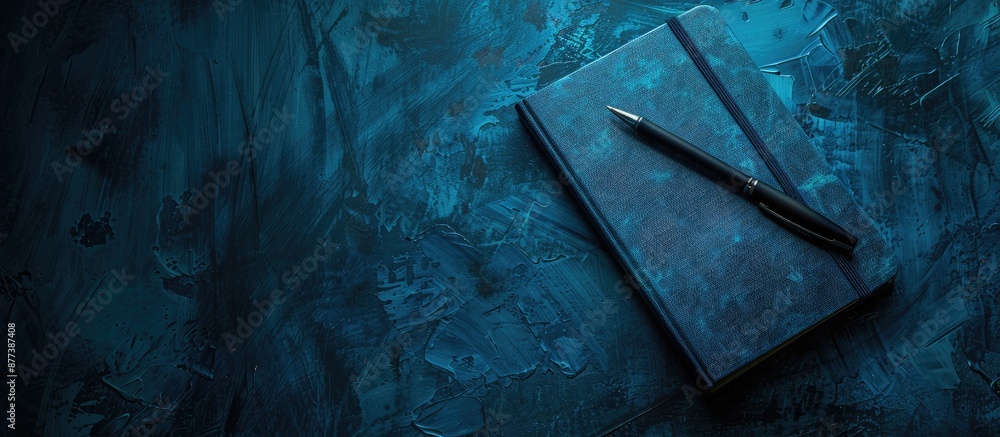 Poster classic blue toned background features a notebook and pen with a dark backdrop designed for text pla