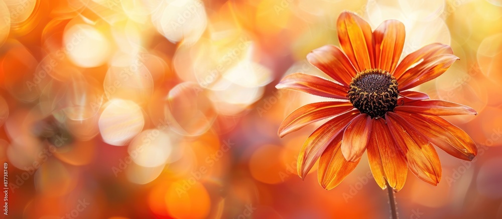 Poster A detailed shot of an orange rudbeckia flower with a blurred autumn nature background featuring selective focus and room for text or other visuals in the image. Copy space image