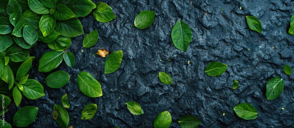 Aufkleber top view of green leaves on a paved surface with a flat lay style and copy space image available