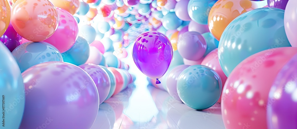 Poster a colorful assortment of balloons seen through a balloon tunnel with a violet balloon rising set aga
