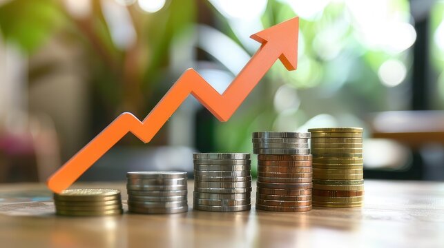 Financial growth represented by climbing arrow and stacks of coins, business financial, financial success visualization