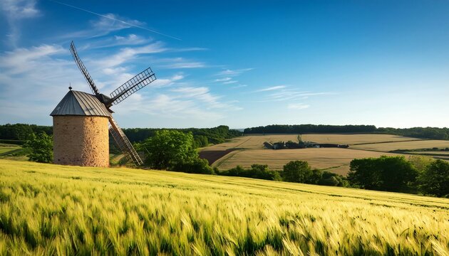 Scenic summer landscape featuring an old stone windmill standing on a hill overlooking a field of wheat