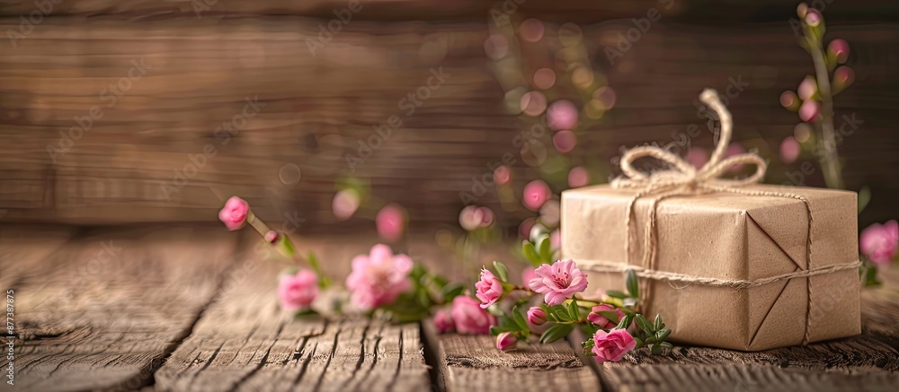 Poster classic backdrop with present and blooms on a rustic wooden table with copy space image