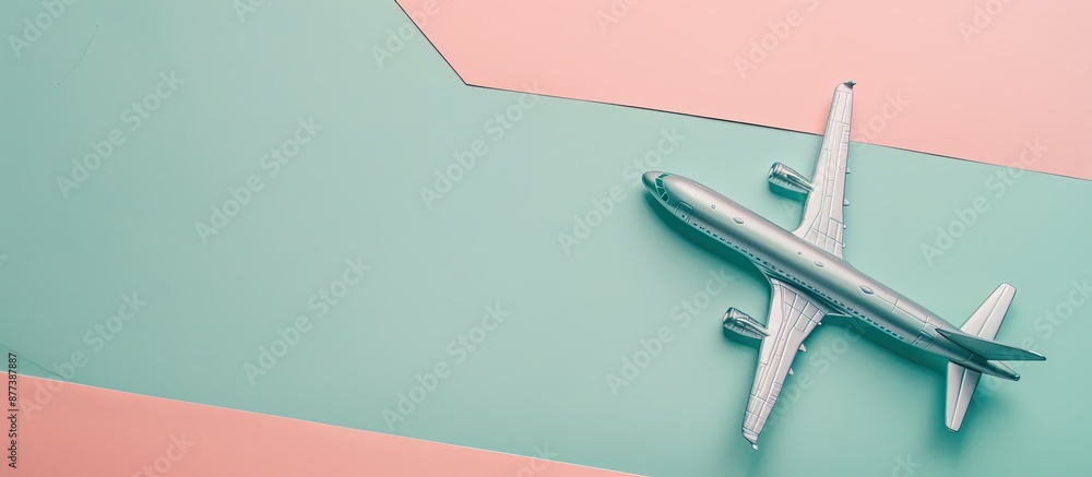 Poster flat lay design featuring a model airplane on a pastel colored background with copy space image