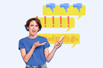 Composite photo collage of upset girl freelance business worker hold phone notification bubble...
