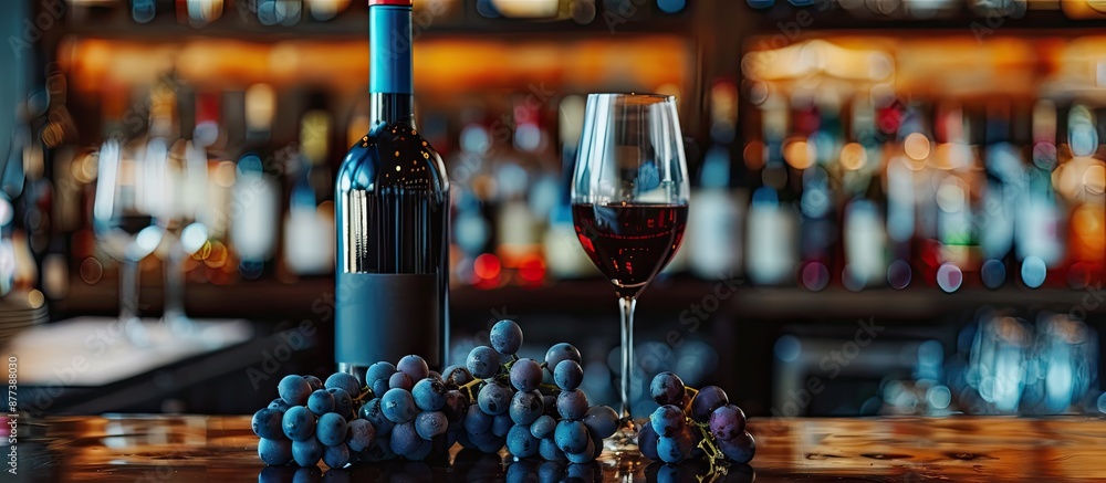 Poster red wine bottle and glass are placed alongside blue grapes a bar counter with assorted wine bottles 