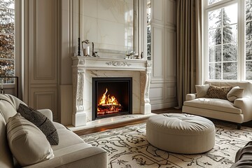 Luxury home showcase interior living room with fireplace.