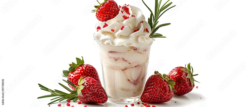 Poster a milkshake adorned with strawberries whipped cream and rosemary presented as an isolated object on 