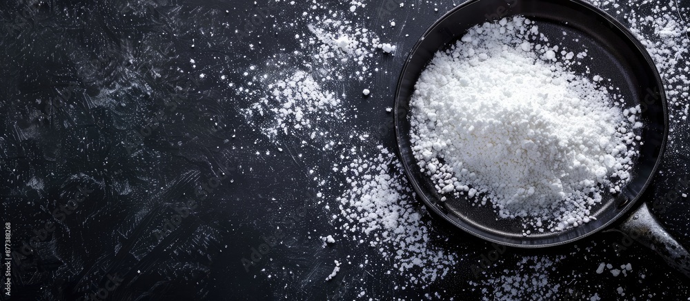 Poster top view of powdered sugar sprinkled on a black pan with space for text or images. copy space image.