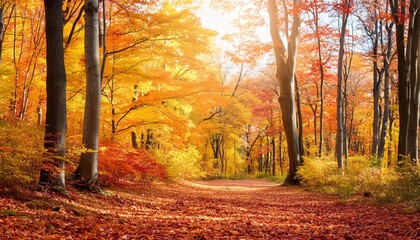 Fototapeta premium Sunlight filters through the forest canopy, casting a warm glow on the vibrant autumn leaves below