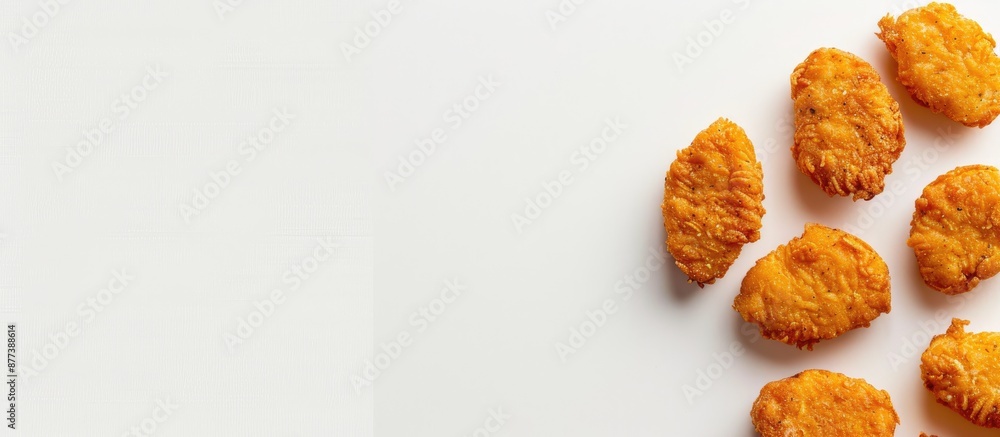 Poster chicken nuggets arranged elegantly on a white backdrop with space for text and image insertion. copy