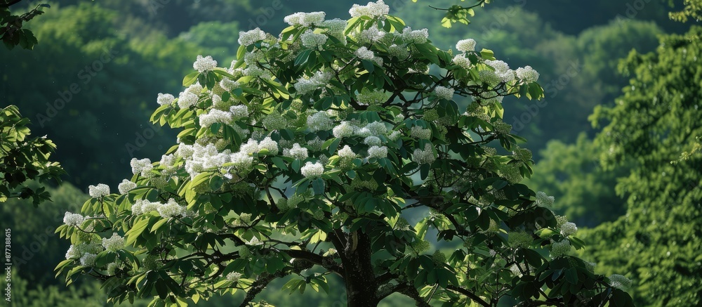 Wall mural A chestnut tree in full bloom adorned with bright green leaves and delicate white flowers with a clear unobstructed view for adding images. Copy space image. Place for adding text and design