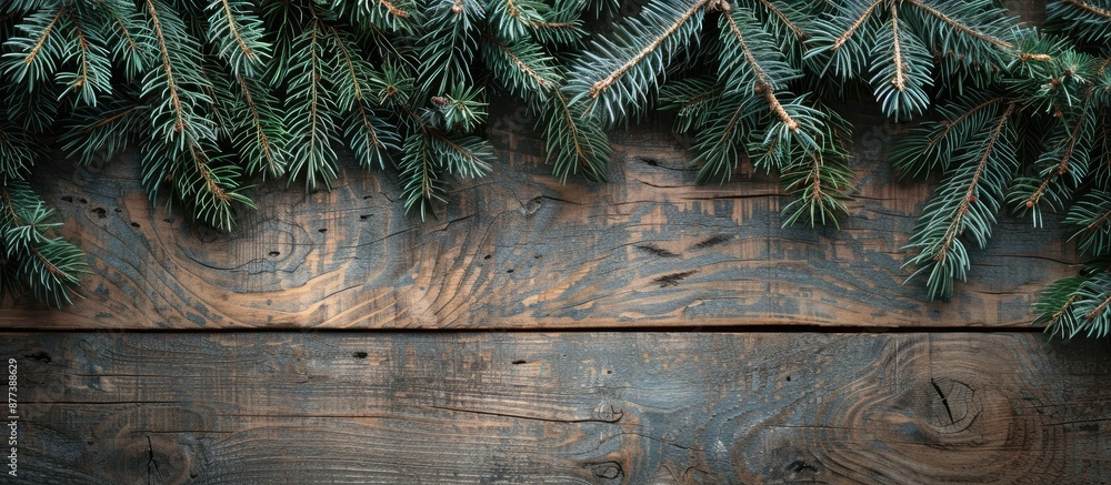 Aufkleber christmas themed background with spruce branches set on a rustic wooden table ideal for a copy space