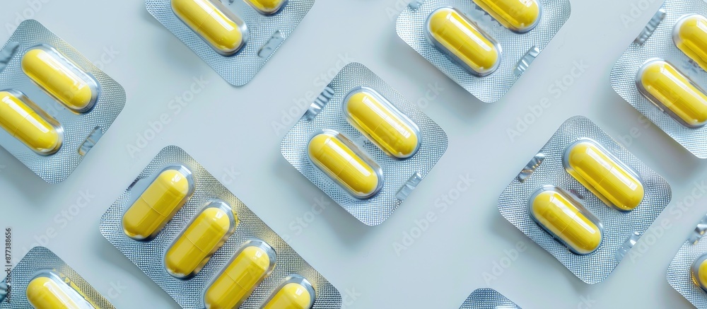 Poster top view of yellow pill capsules in blister on white background with copy space image for concepts l