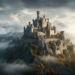 Enchanted Castle Perched on a Misty Mountain, Surrounded by Ethereal Clouds and Exuding a Mystical Atmosphere