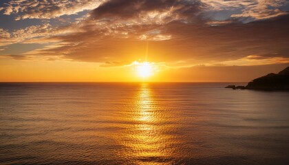 Fototapeta premium The setting sun is casting golden light on the ocean with dramatic clouds in the sky