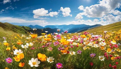 Fototapeta premium Wildflowers are blooming on a sunny day with mountains in the background