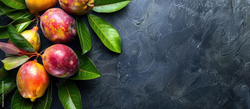 Aufkleber ripe and unripe irga fruits with green leaves on a dark background with selective focus on a blank a