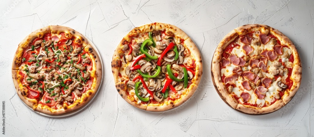 Poster top view of three pizzas with various toppings on a light background featuring sausage ham mushrooms