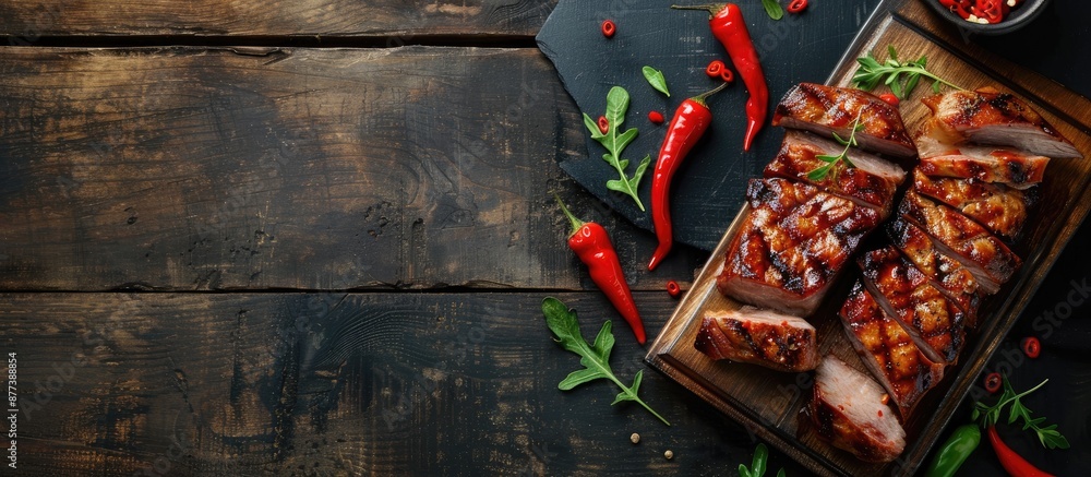 Poster top view of a wooden table featuring a cutting board with grilled pork steak slices and red peppers 