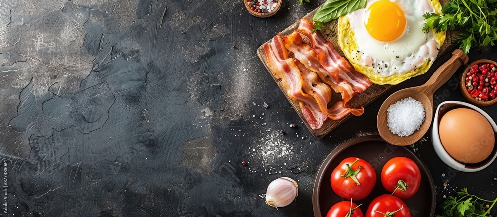 Poster top view image of ingredients for making bacon and vegetable omelette at breakfast with copy space i