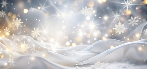 Christmas background banner silk white color with snowflakes, sparkles, bokeh.Copy space. Template. White festive backdrop