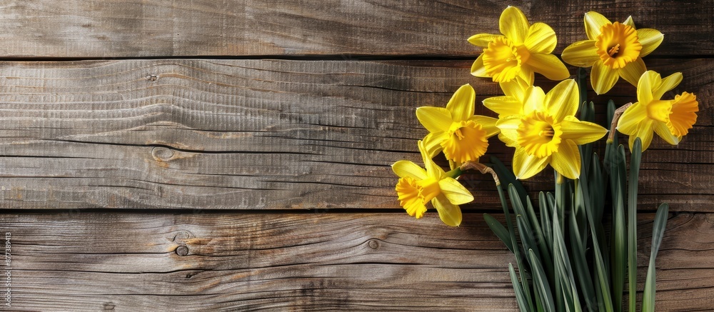 Aufkleber top view of stylish yellow daffodils on a wooden background perfect as a mother s day background sym