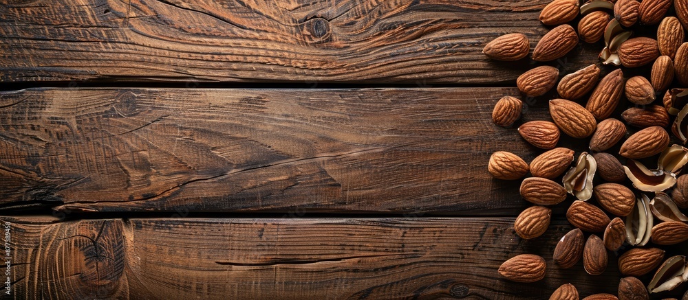 Poster wooden background with almonds in shell and shelled almonds creates a copy space image