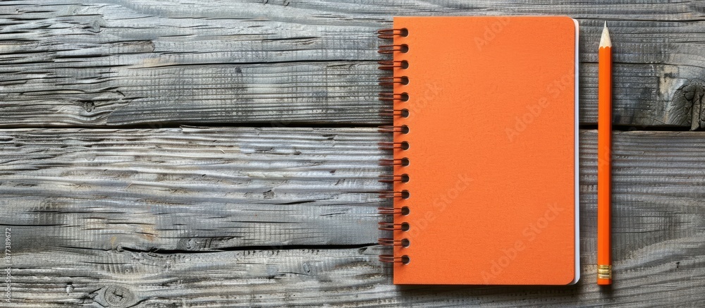 Poster wooden background with an orange notepad and pencil displaying a blank stationery template for use a
