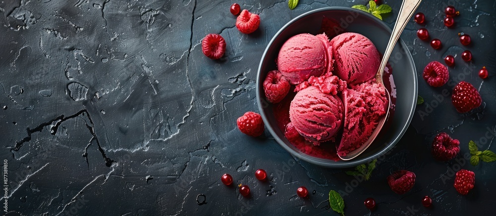 Poster ice cream flavors like raspberry strawberry and cranberry with red sorbet served in a scoop on a dar