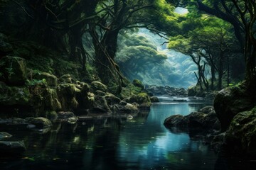Mystic scenery of a tranquil stream flowing through a lush, twilight-lit forest with eerie atmosphere