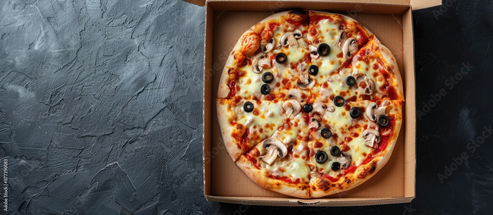 Poster top view of a pizza with cheese and mushrooms in a box on a black background ideal for a copy space 