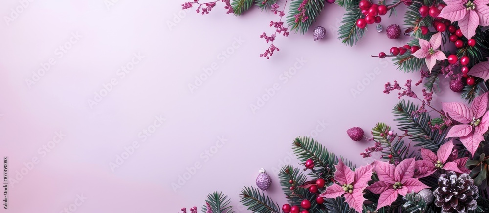 Poster a holiday themed setting with a white central area purple background and flowers on the right creati