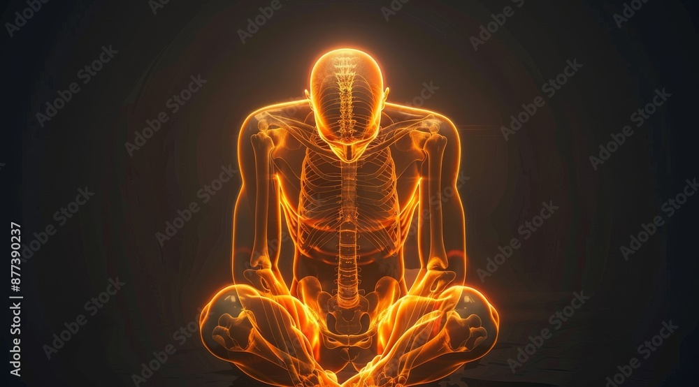 Poster 3d rendering of a human body in a seated position with glowing skeleton and spine