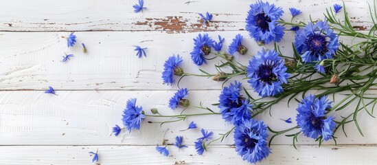 A desk setup for spring inspiration features a bouquet of cornflowers on a white wooden background with room for additional images