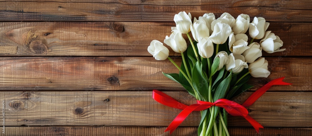 Poster top view of white tulips tied with a red ribbon on a wooden backdrop with available copy space in th