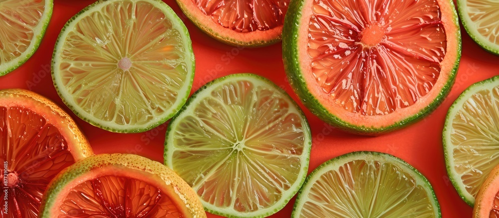 Poster close up of vibrant lime slices in red and orange hues against a backdrop with ample copy space for 