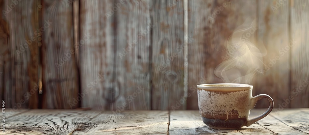 Poster early morning breakfast setting with a close up of a steaming cup of coffee or tea placed on a vinta