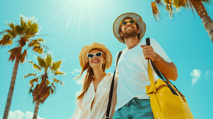 A couple wearing sunglasses is heading for a summer vacation, smiling brightly and carrying beach bags under the clear blue sky. Palm trees and the distant ocean 