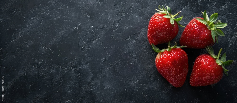 Poster a dark backdrop with two ripe strawberries offering ample copy space in the image