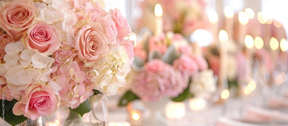 Poster on the dinner table there are beautiful bouquets of pink roses and hydrangeas creating an elegant di