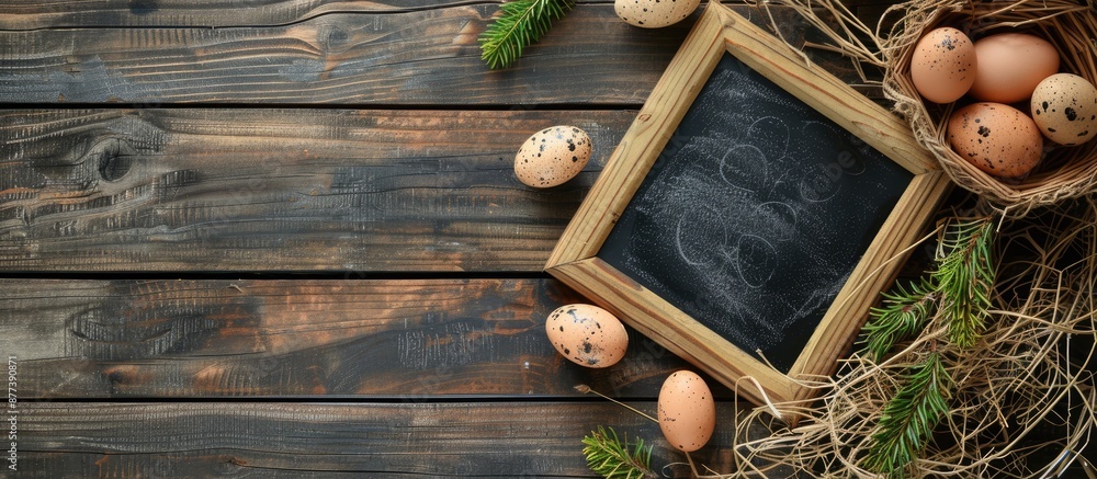 Poster easter themed flat lay with a rustic wooden background and an easter chalkboard there is copy space 