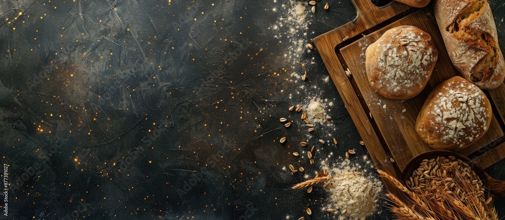 Aufkleber top view of baking preparation on a dark background with sprinkled wheat flour featuring pastry text