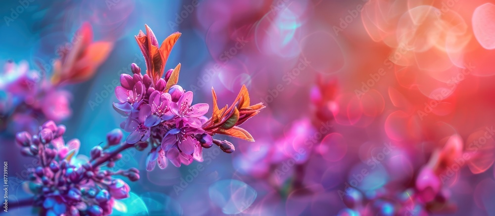 Poster neon ultraviolet spring flowers with a close up of a bud in soft focus creating a dreamy background 
