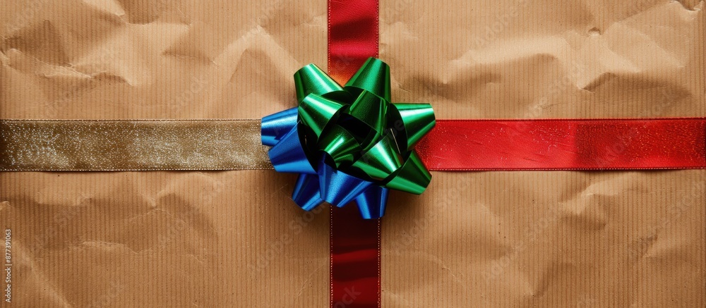 Poster a top down view of colorful christmas wrapping ribbons in a bow on a brown paper package perfect for
